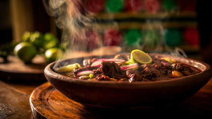 Steaming bowl of pozole with fresh garnishes, set against a rustic table with holiday decorations.