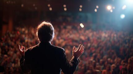 Speaker engages large audience in an inspiring presentation during an evening event in a conference hall