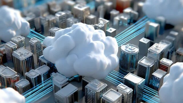 Cloud Computing City: A miniature cityscape is depicted, where fluffy clouds serve as a metaphorical representation of cloud computing.