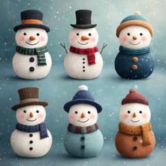 Colorful snowmen decorations in winter setting with cheerful expressions and varied accessories