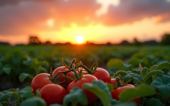 good sunset with clouds over agricultural green field with tomatoes. High quality
