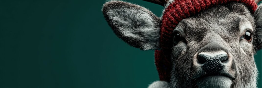 Cute deer wearing a red knit hat against a dark background showcasing holiday spirit and winter cheer