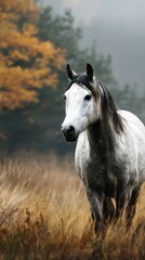 Majestic white horse grazes in a misty meadow surrounded by autumn foliage in the early morning light