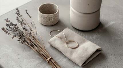Elegant composition showcasing dried lavender, gold pendant, ceramic vessels, and linen on textured grey surface, evoking minimalist, organic, and artisanal aesthetic.