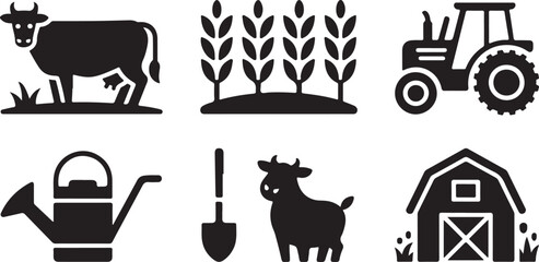 Collection of simple black farm icons including a cow wheat tractor watering can shovel and barn representing agriculture and rural life