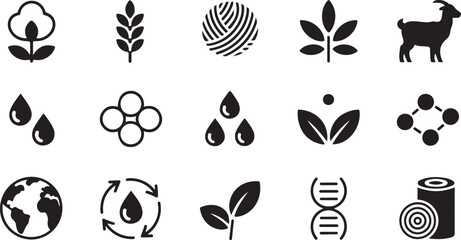 Collection of simple black icons representing natural resources agriculture sustainability and scientific elements on a white background