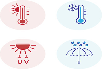 A vector set of red high temperature and UV icons, blue cold and rain symbols. Ideal for weather apps, forecasts, and climate visuals.
