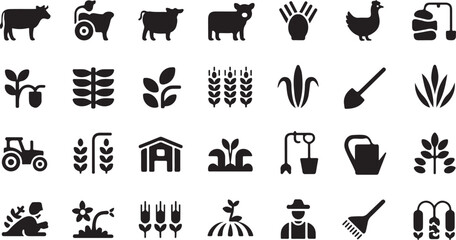 Collection of black silhouette icons representing agriculture farming and rural life including animals crops equipment and a farmer