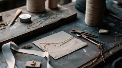 Crafting Beauty: A Jeweler's Workspace Showcasing Delicate Chains, Tools, and Refined Materials Ready for Artisan Creation and Exquisite Jewelry Design in Soft Light.