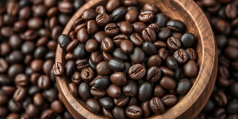 Fototapeta premium Dark roasted coffee beans in rustic wooden bowl, natural, latte