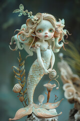 Obraz premium Whimsical mermaid doll series – stylized fantasy characters with flowing hair, sea-themed outfits, and delicate details, set in dreamy underwater-inspired scenes.