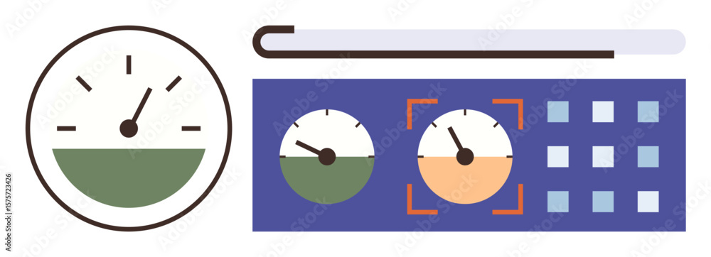 Poster color-coded gauges, switches, and interface elements showing data monitoring and control processes. 