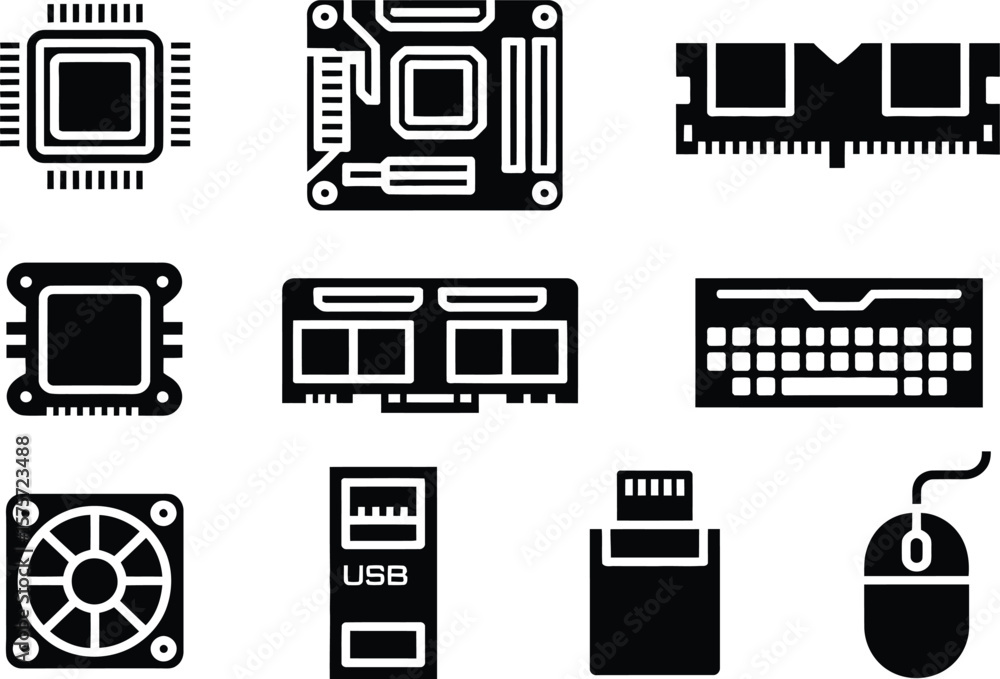 Poster black and white computer components icons c p u motherboard r a m keyboard fan u s b mouse