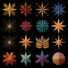 Colorful abstract star designs set against a dark backdrop showcasing various shapes and patterns in a creative arrangement