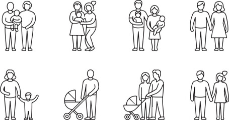 Collection of simple line art icons depicting diverse family structures including parents with babies toddlers children and couples with strollers symbolizing family life and parenting