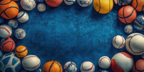 Variety of sports balls arranged on blue surface with circular layout for creativity and design purposes