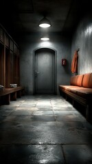 Empty locker room with wooden benches and an industrial door in a dimly lit environment