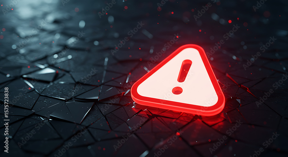 Aufkleber a red and white warning sign with an exclamation point on a dark geometric background surface ai gen
