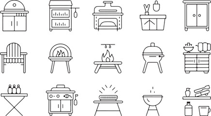 Collection of outdoor cooking and dining icons including grills ovens chairs tables and accessories for backyard entertaining and summer barbecues
