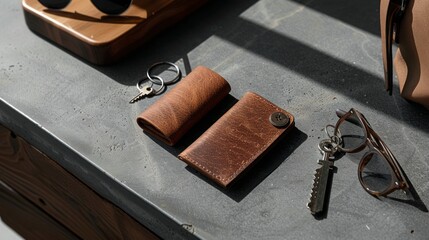 Stylish everyday carry items arranged elegantly on concrete surface showcasing leather wallets, keys, and glasses with soft natural light creating calm atmosphere.