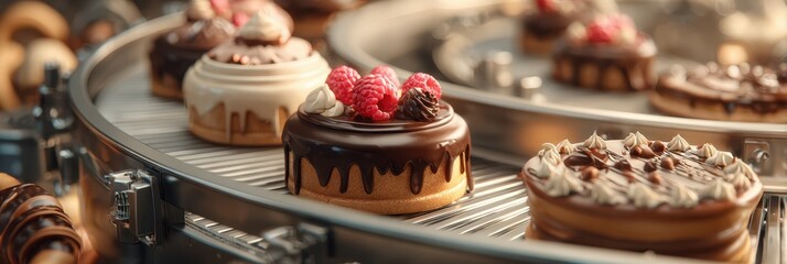 Delicious desserts on a conveyor belt at a pastry production facility during the afternoon