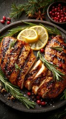 Grilled chicken breast garnished with rosemary and lemon on a rustic plate with seasonal berries