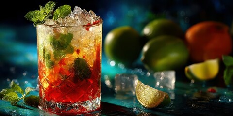 Refreshing cocktail with mint and citrus on a vibrant blue background during a summer evening