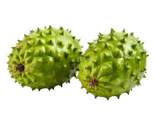 Two spiky green soursops on black