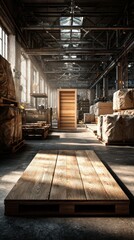 Wooden pallets and storage in an industrial warehouse illuminated by sunlight