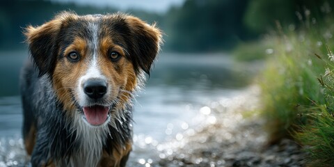 Dog plays by the riverbank on a sunny day with greenery and water in the background