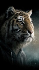 Majestic tiger in a hoodie gazes thoughtfully beneath a starry sky in a tranquil forest at night