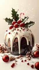Christmas dessert featuring chocolate glaze, festive decorations, and pinecones on a neutral background