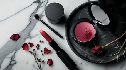 Luxurious Cosmetic Still Life: Elegance Defined Through Rose Petals, Marble Textures, and Chic Minimalist Black Packaging for Blush and Lipstick.