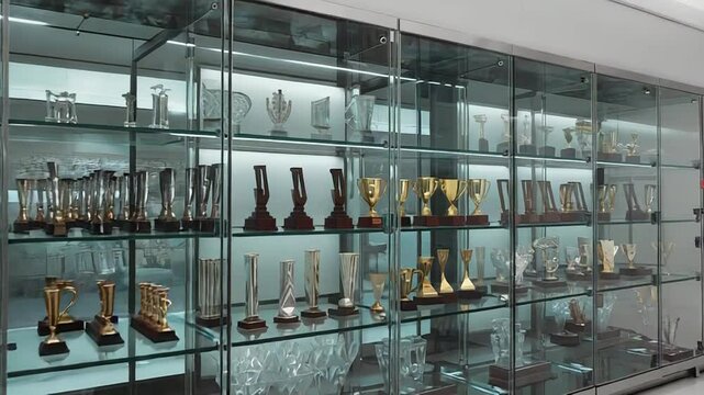 Glass display case showcasing trophies and awards in a modern office