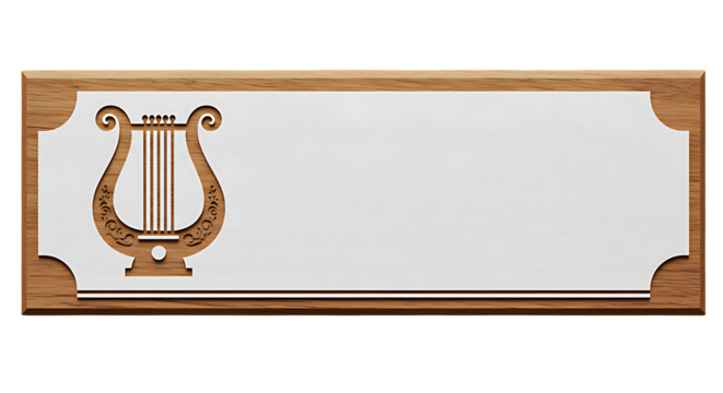 Elegant wooden plaque featuring a lyre emblem provides space for custom text or design, ideal for awards or personalized gifts. - Powered by Adobe