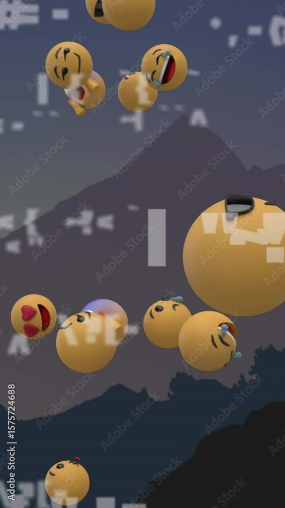 Poster animation of multiple face emojis floating over landscape with mountains and trees