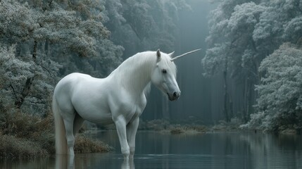 Majestic white unicorn standing in a misty forest lake surrounded by ethereal trees at dawn