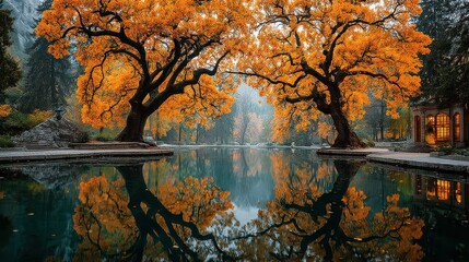 Vibrant autumn trees reflecting in a serene pond at dawn in a picturesque park setting