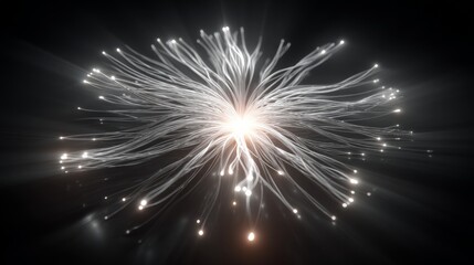 Fototapeta premium Dynamic star-like burst of glowing white lines and dots radiating outward from a bright central core against a dark dramatic background.