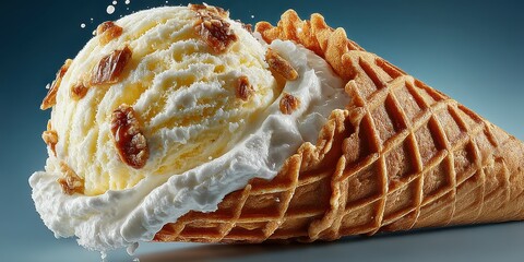 Delicious ice cream cone with creamy vanilla and crunchy toppings served on a sunny day