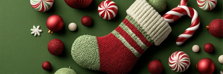 Festive Christmas stocking surrounded by ornaments and candy on green background
