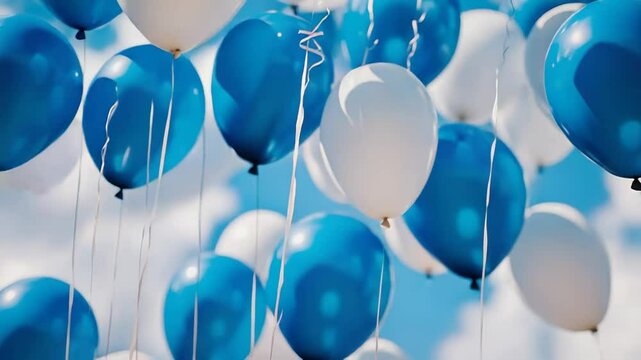 White and blue balloons floating in the sky celebrating a festive occasion