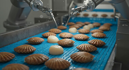 Automated Scallop Sorting (Canada). live scallops moving on grading belt, AI system measuring shell diameter, robotic arms separating by size 