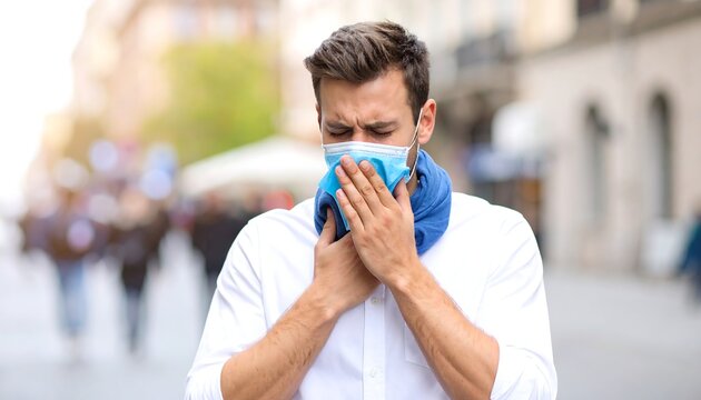 Man in light shirt coughs, wearing face mask in city street