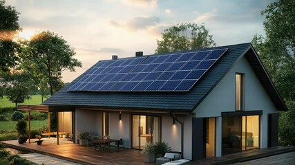 Modern house with solar panels generating green energy at sunset - Powered by Adobe