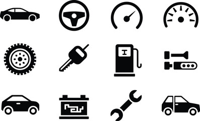 Fototapeta premium Black Car Icons Steering Wheel Speedometer Tire Key Fuel Battery Wrench