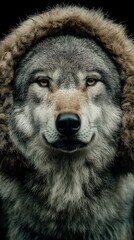 Majestic wolf with striking fur details captured up close in natural light against dark background