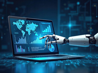 A robotic hand touches a laptop screen displaying digital data charts and a global map, representing advanced technology and artificial intelligence systems.