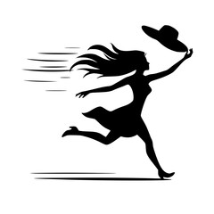 Woman chasing hat icon, black silhouette, wind-blown motion, reaching arm, minimal funny clipart
