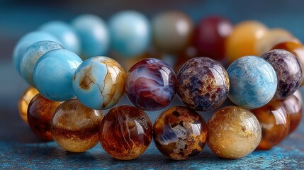 Colorful gemstone bracelets displayed on a textured surface in natural light showcasing unique patterns